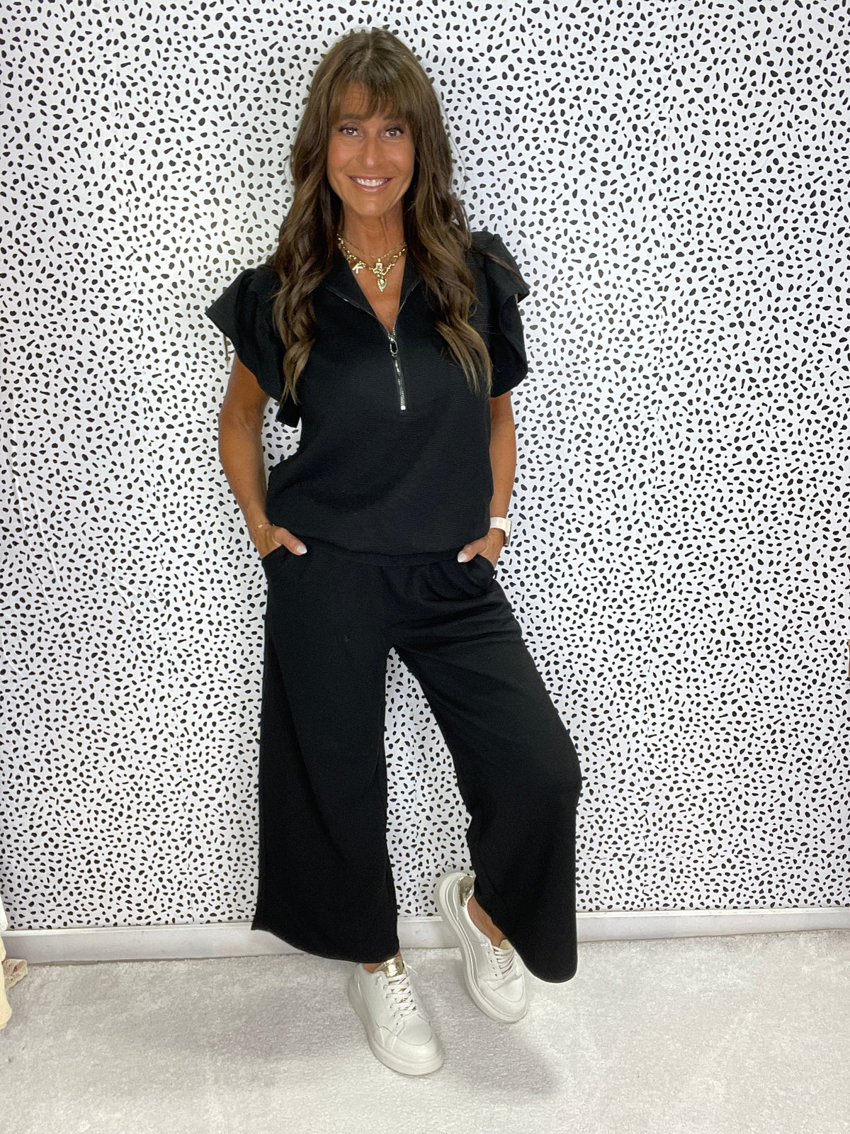 Gracie P Midnight Flair Textured Ruffle Sleeve Pant Set