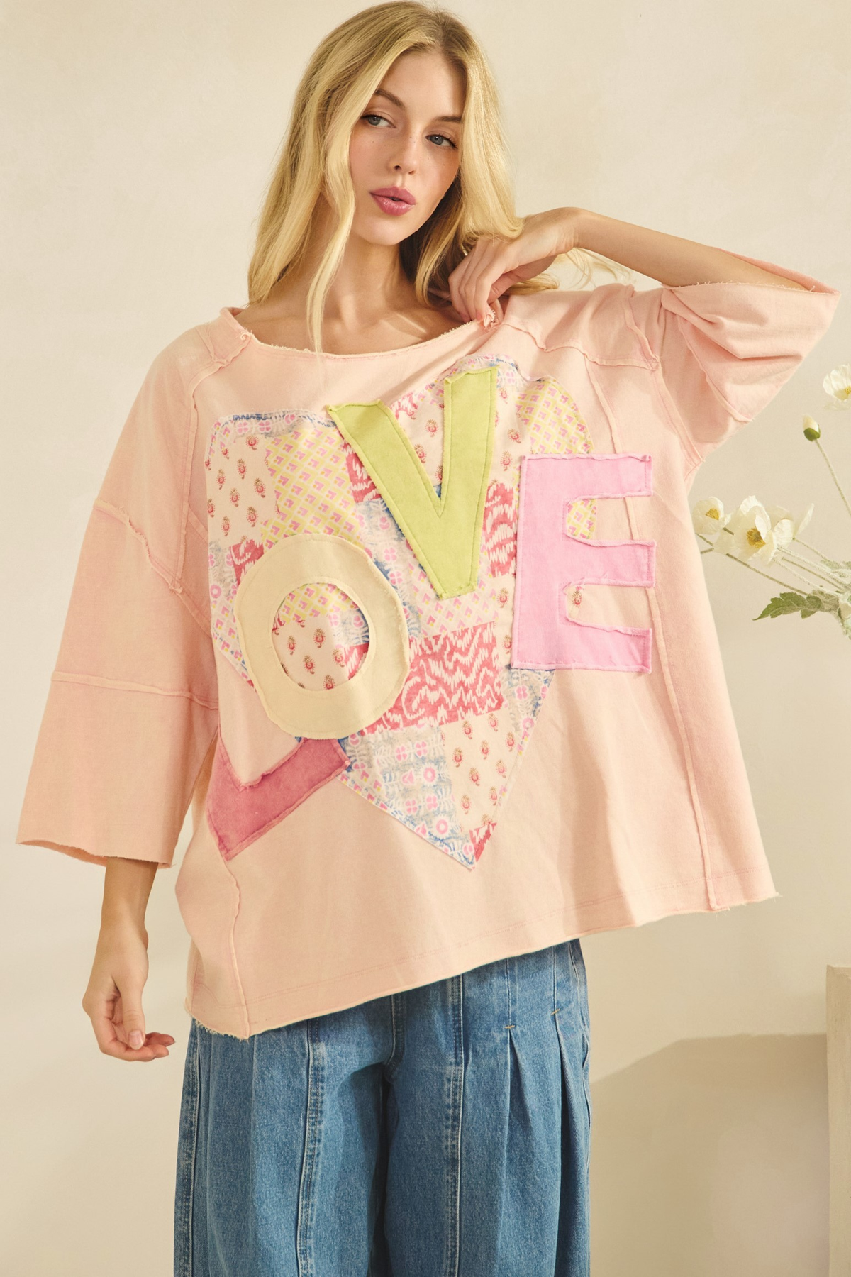 Love To Be Free Oversized Patchwork Top In Peach