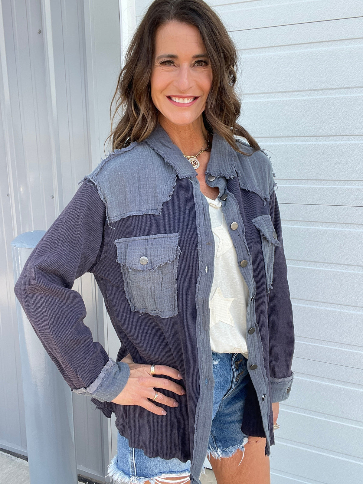 Pol Ready Set Go Thermal Knit And Gauze Button Front Shirt In 3 Colors: Ivory, Navy, Olive *Final Sale*