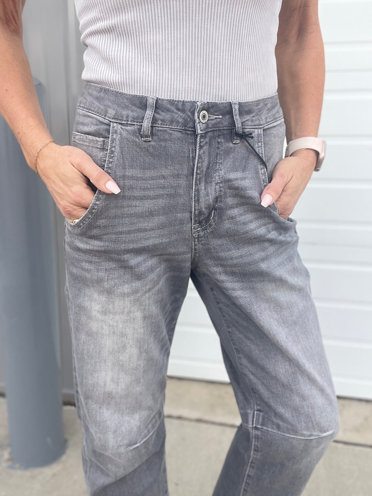 Mica Bailey Super High Barrel Leg Jeans 229 In Gray *Final Sale*