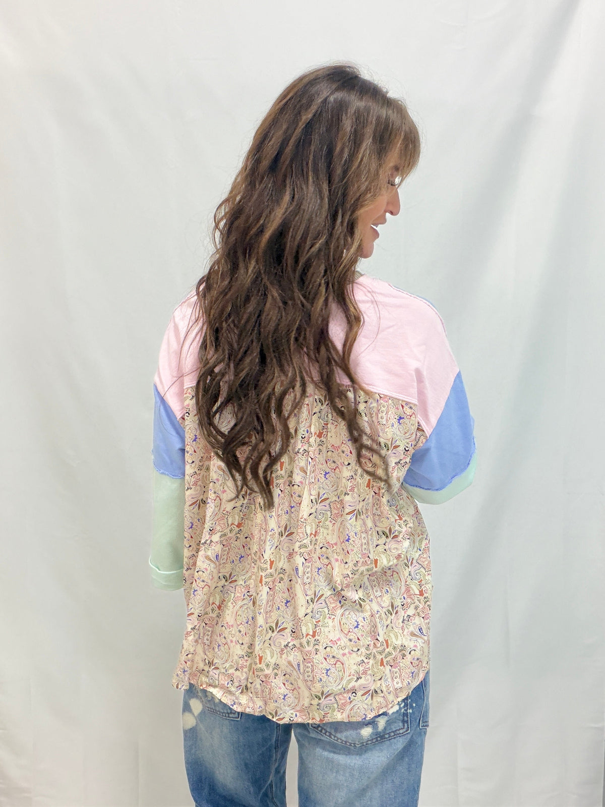 Boho Bliss Print Mix Color Block Terry Knit Henley In 3 Colors