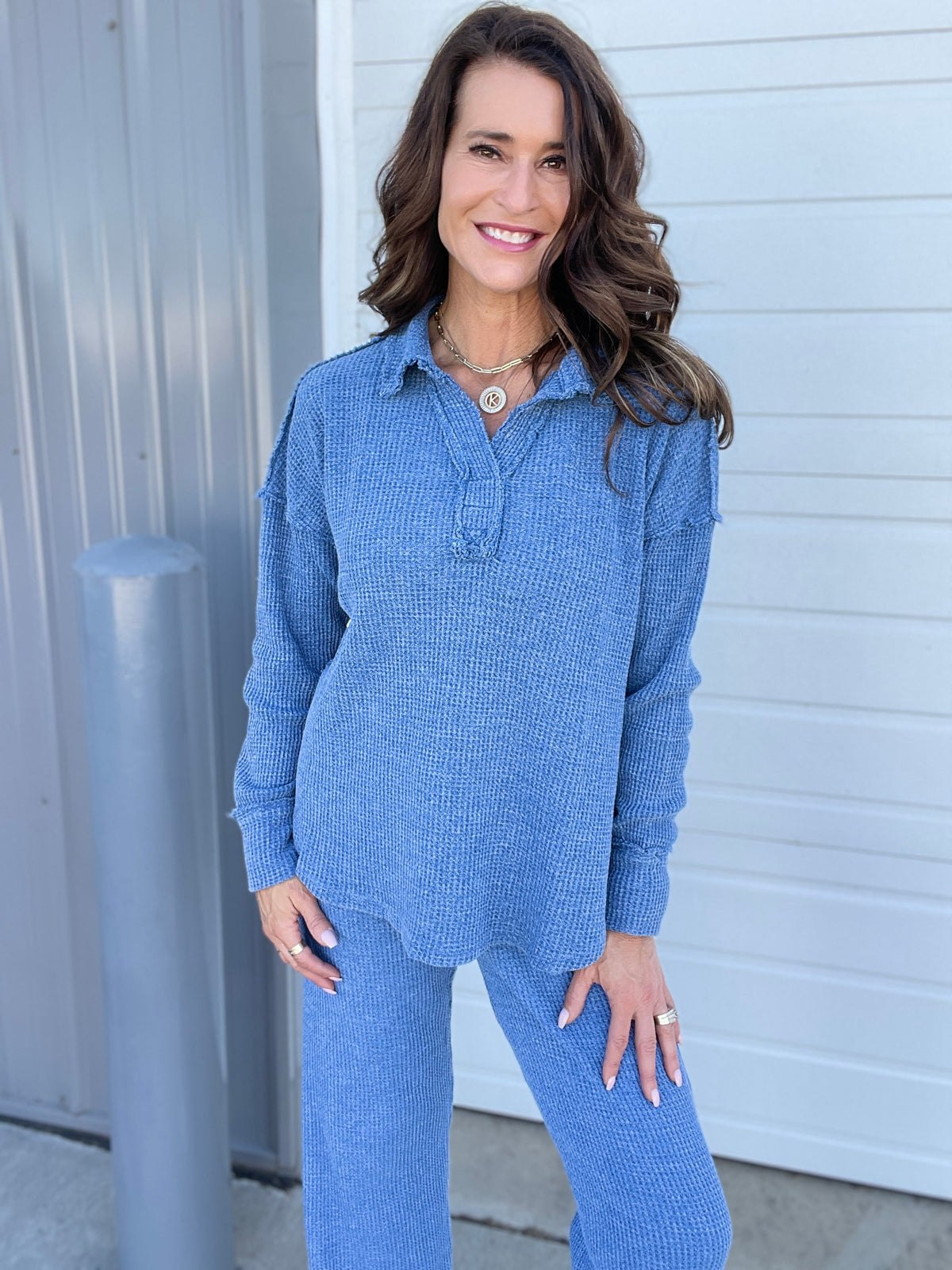 On To The Weekend Cotton Waffle Knit Top In 3 Colors: Black, Brown, Blue