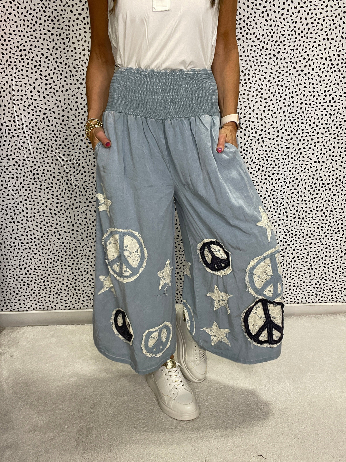 Oli & Hali Infinite Peace Washed Smocked Patchwork Pants In 2 Colors *Final Sale*