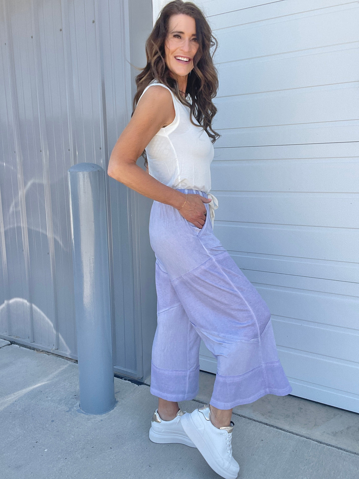 Pol Play Date Loose Wide Leg Cropped Pants In 7 Colors: Aqua, Lilac, Grey, Pink, Beige, Black, Desert Sage *Final Sale*