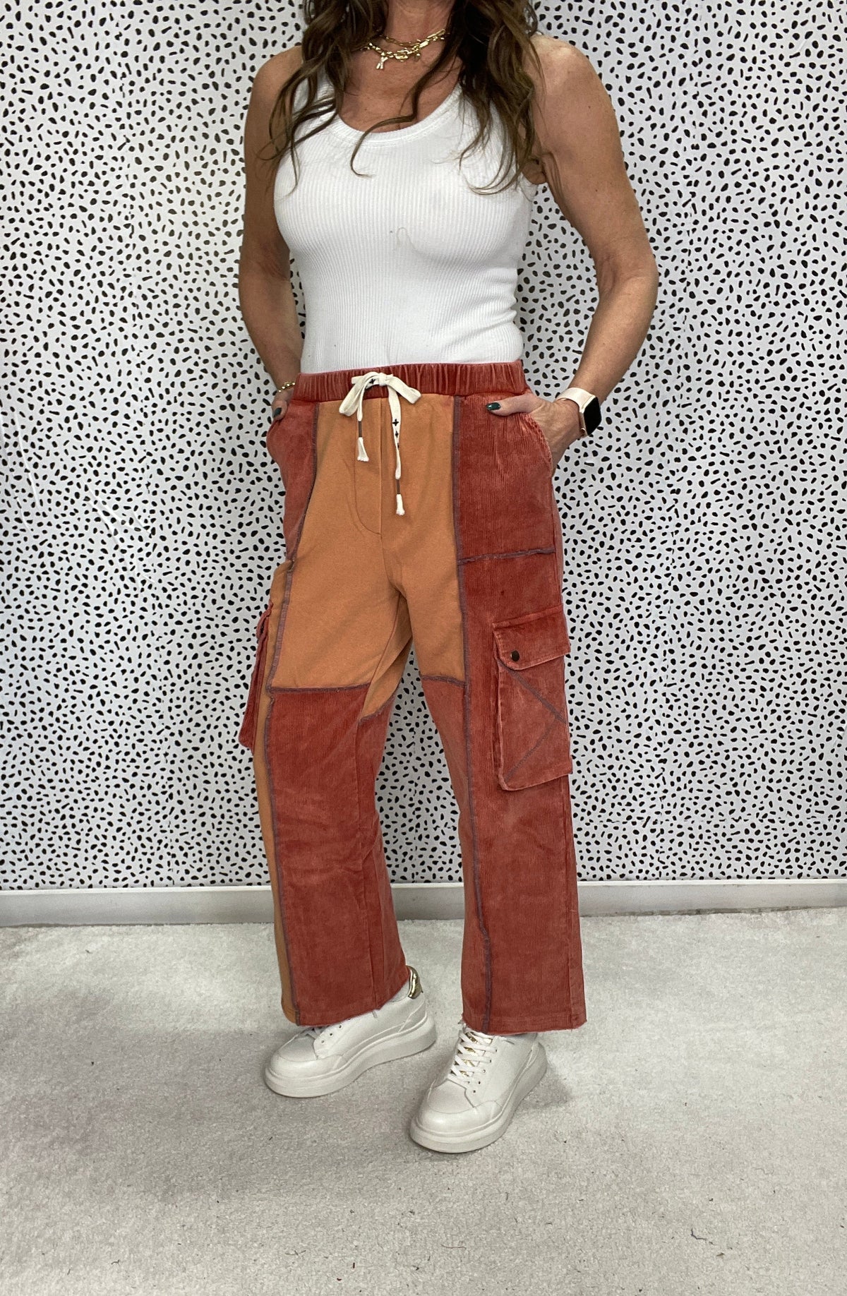 POL Spaced Out Color Block Cargo Pockets Pants In Brick *Final Sale*