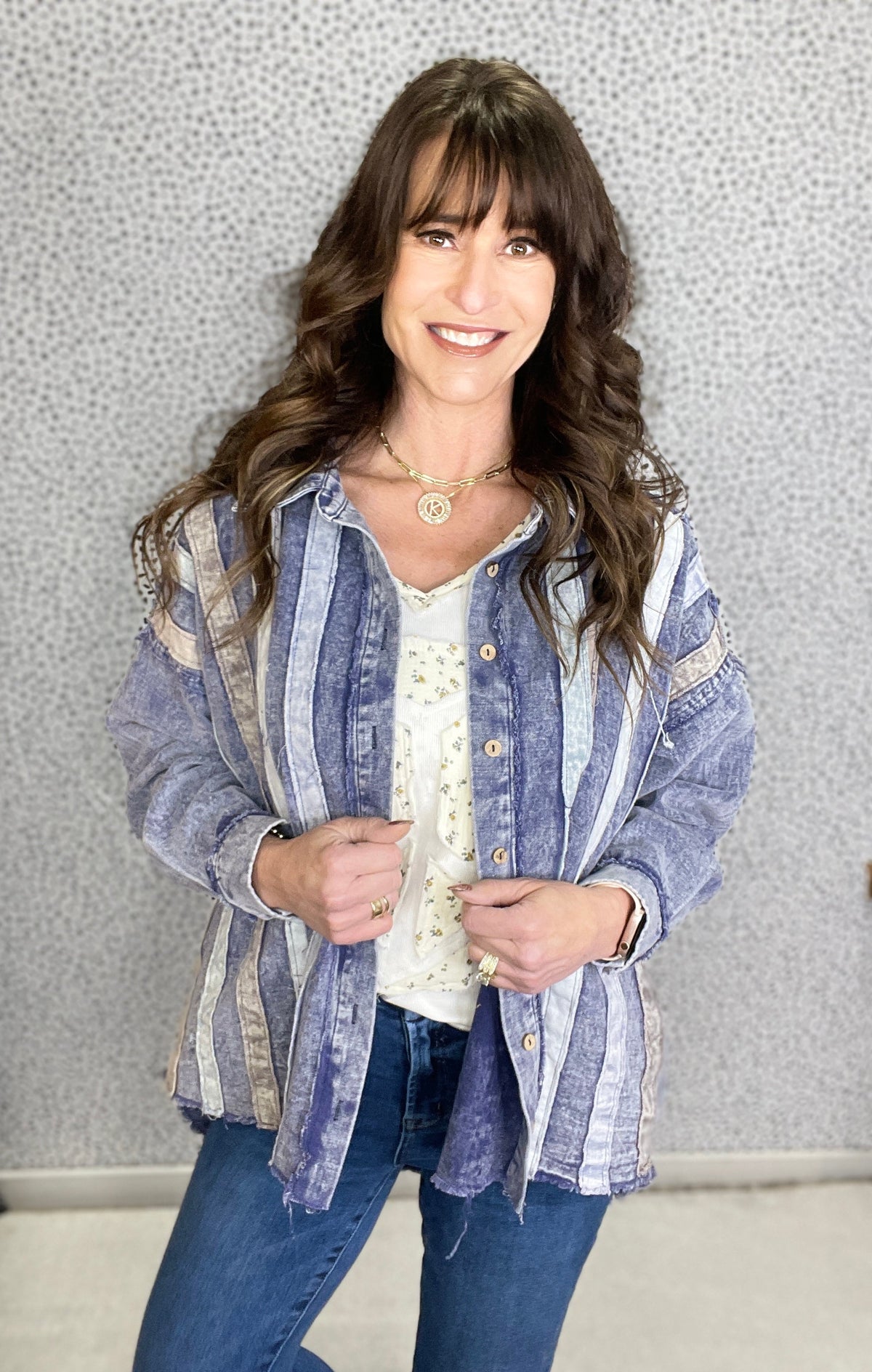 Oli & Hali Steal Your Thunder Stripe Button Down Top In Denim *Final Sale*