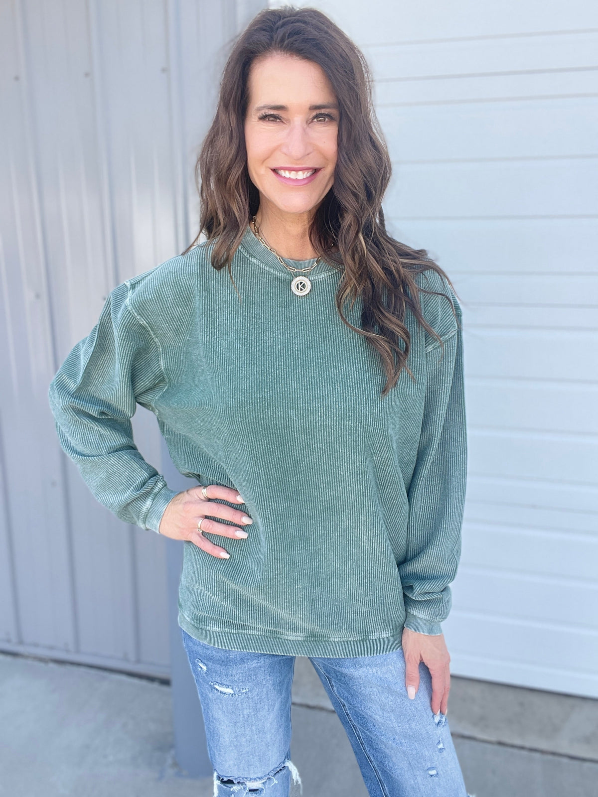 Forest Green Snow Washed Corded Crewneck Pullover Sweatshirt
