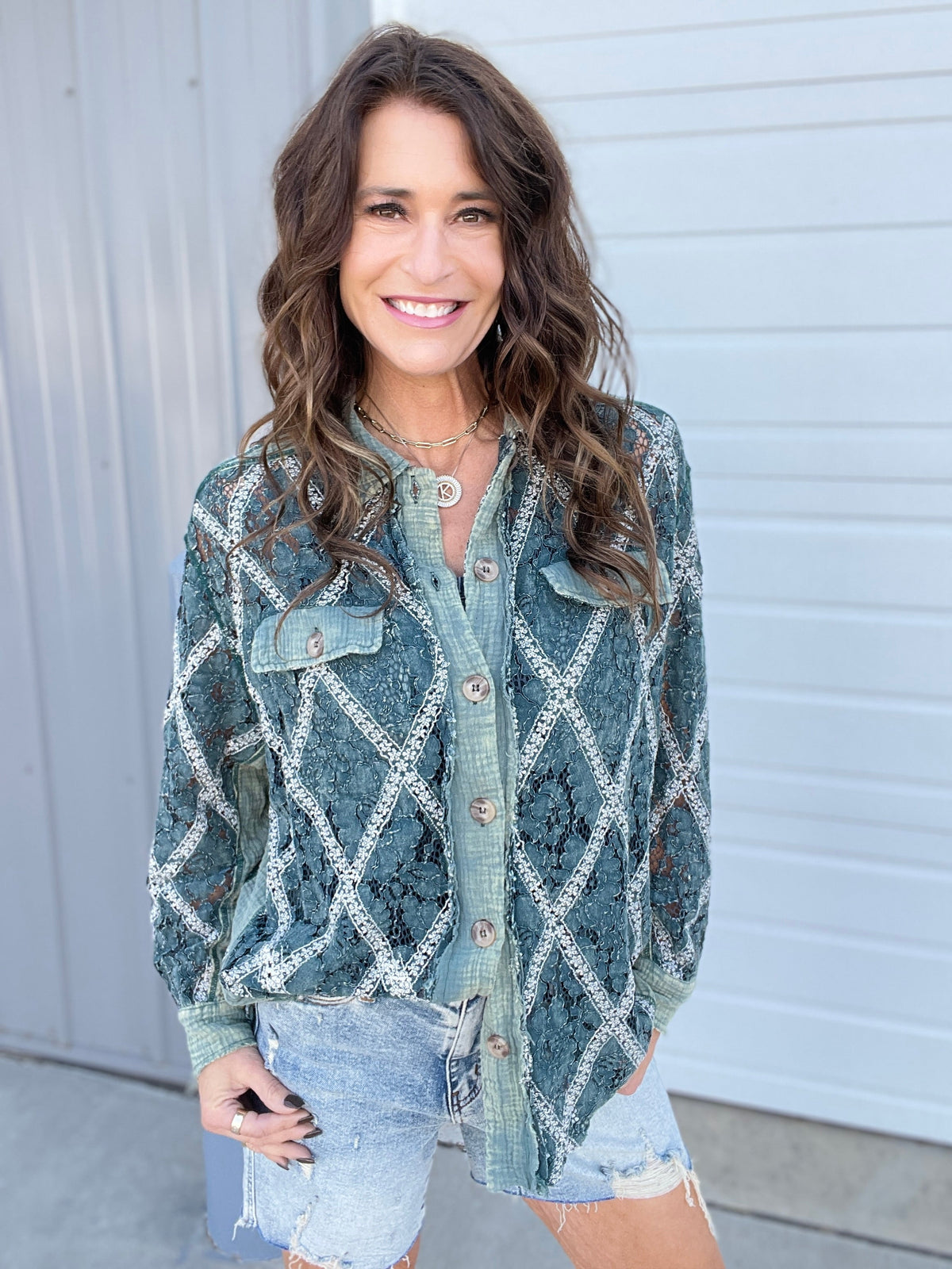 Oli & Hali Layer It Up Mineral Washed Button Up Top In Green *Final Sale*