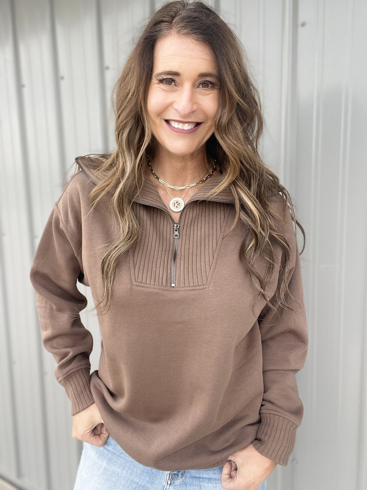 Connect With Me Ribbed Details Quarter Zip Pullover