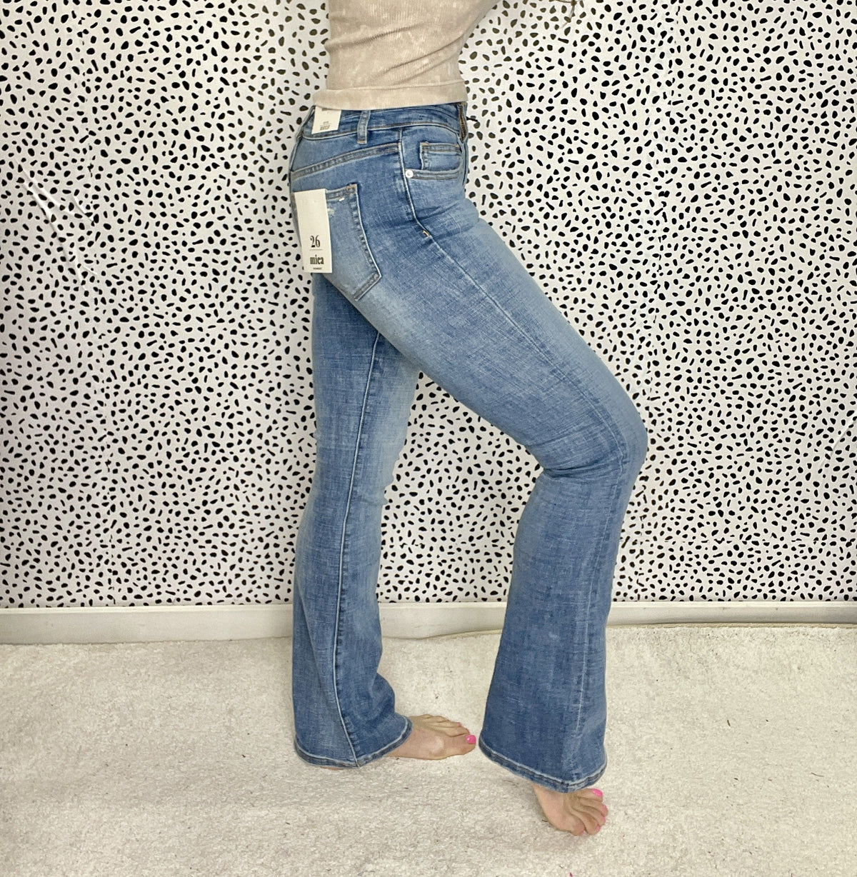 Mica Dacota Mid Rise Double Button Minimal Distress Bootcut Jeans 601