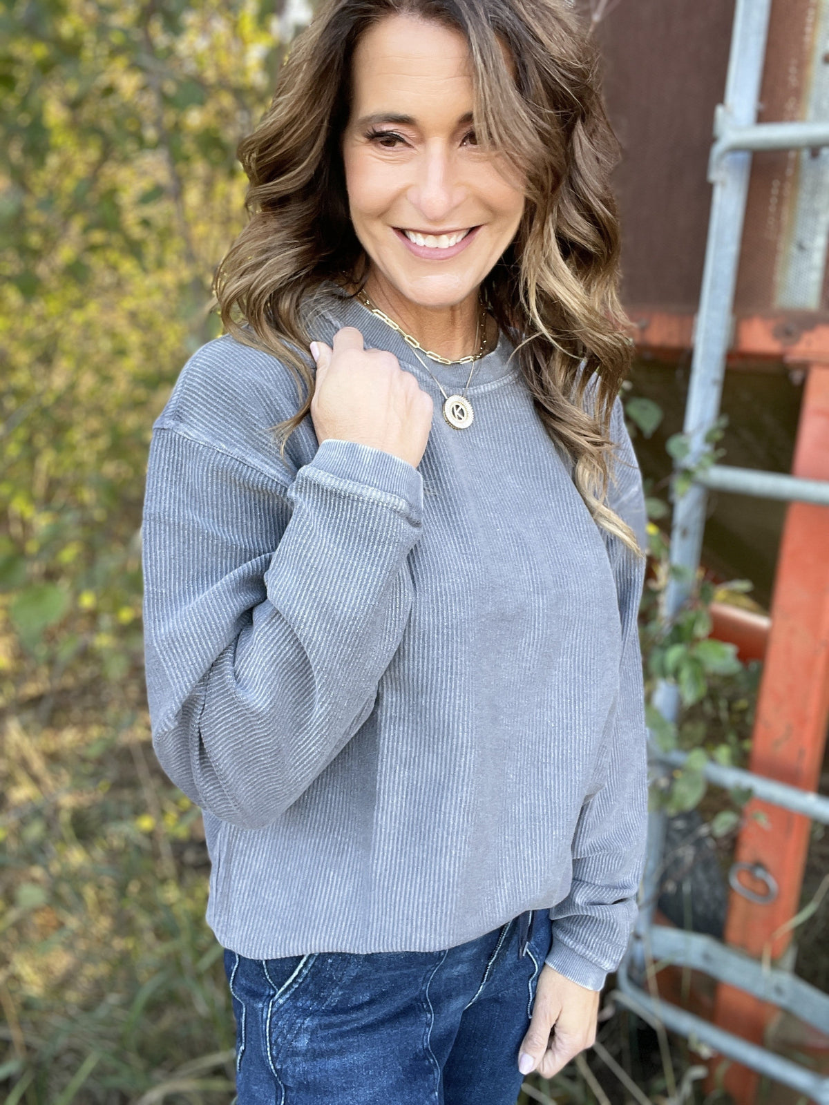 Snow Washed Essential Corded Crew Sweatshirt in Deep Pink