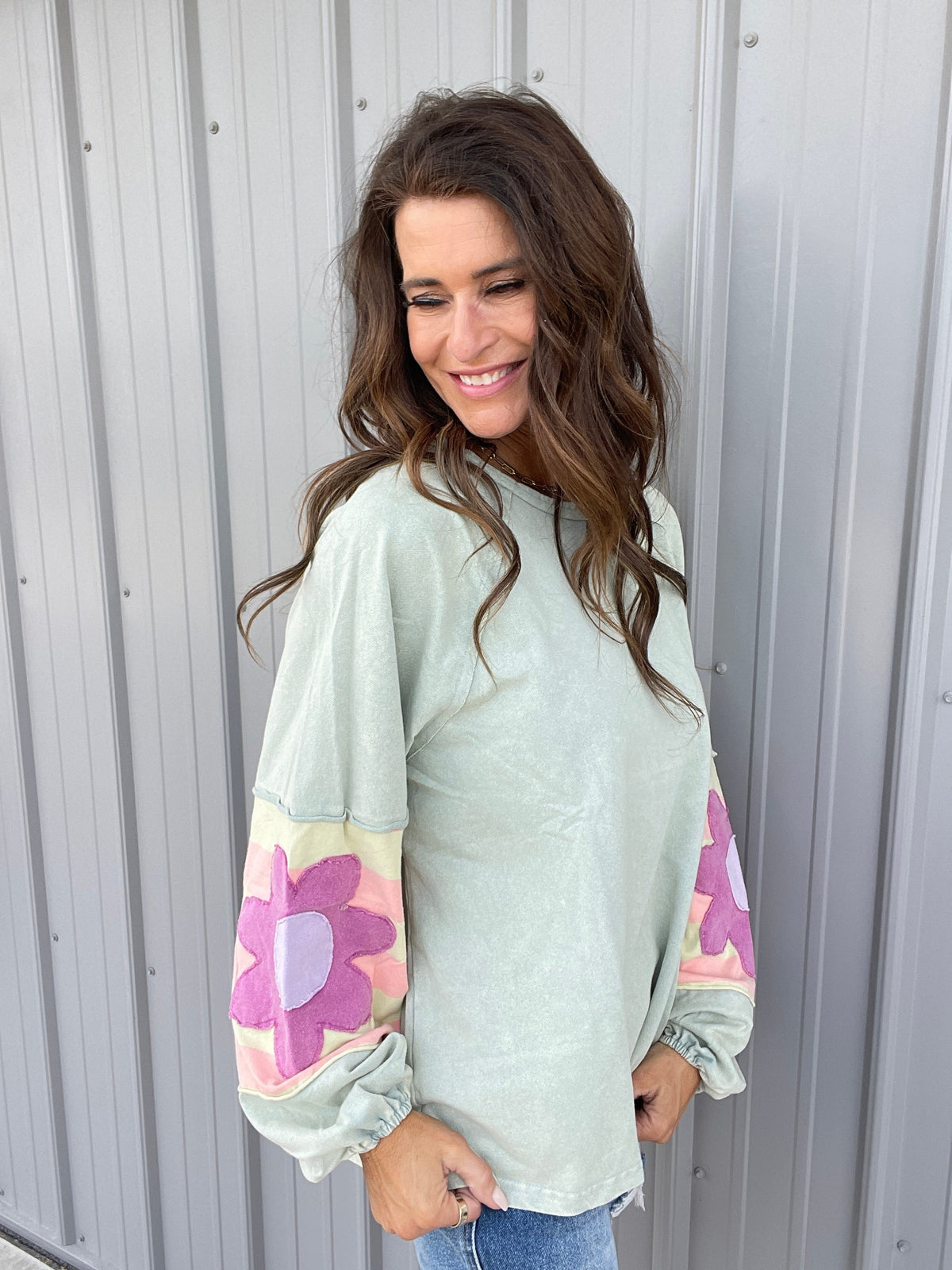 Faded Floral Patch Terry Knit Mineral Washed Long Sleeve Pullover in 4 Colors