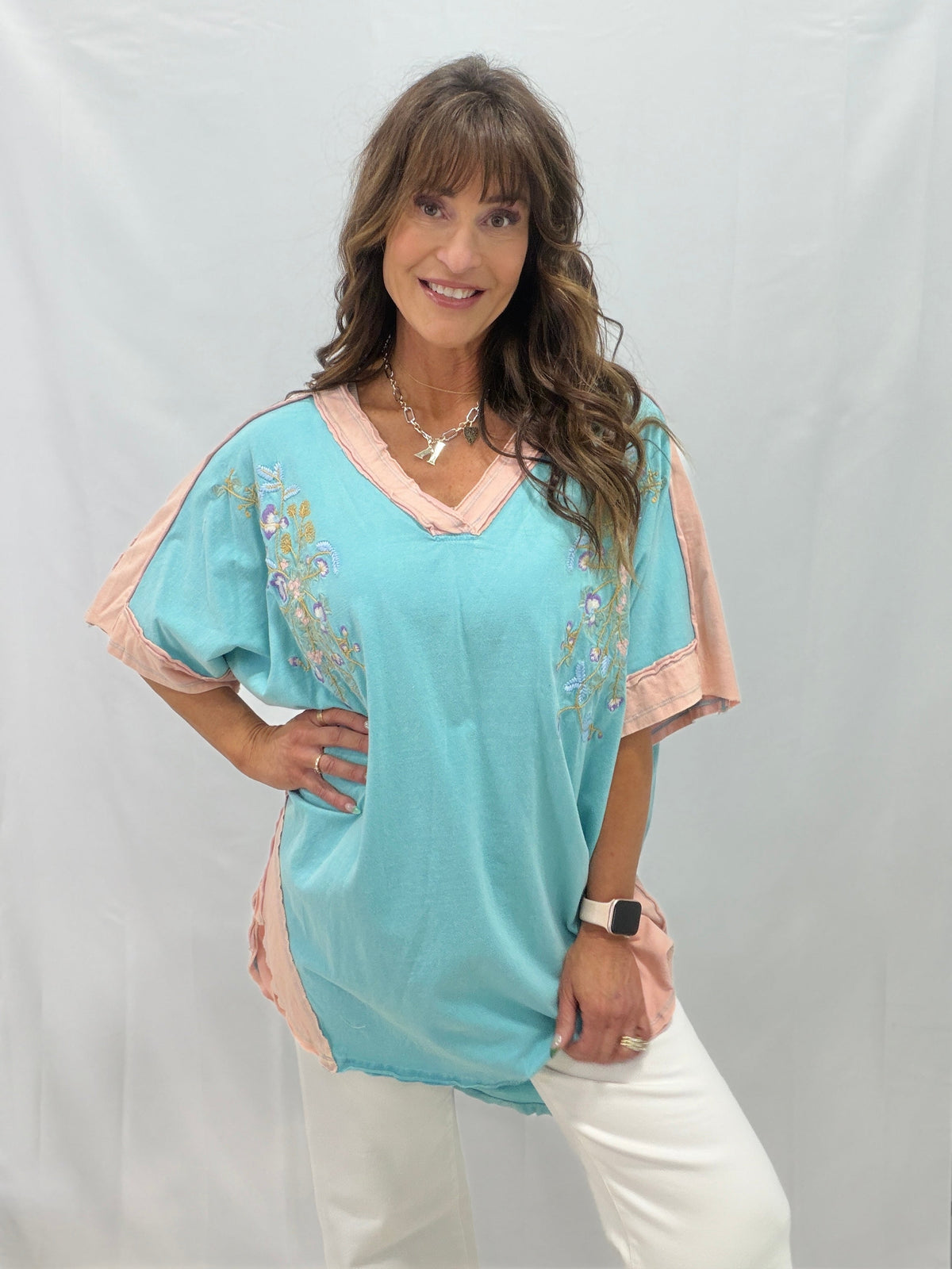 Embroidery Oversized V-Neck Top *Final Sale*
