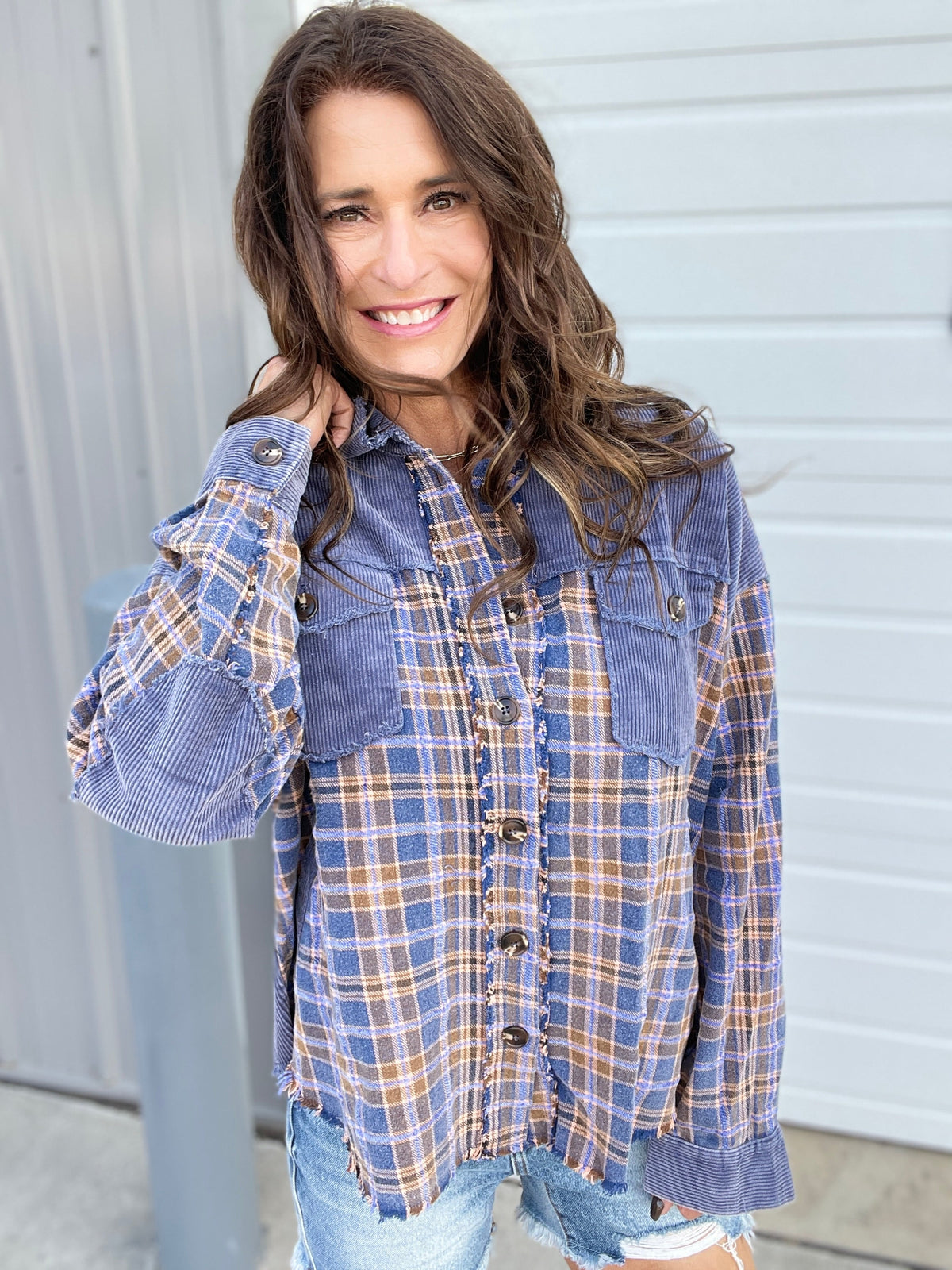 Return To Grace Plaid Mix Corduroy Shacket