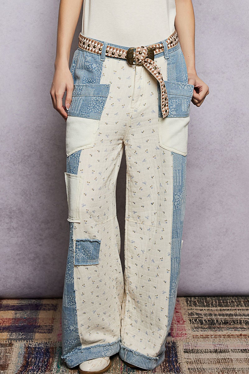 POL Printed Twill & Denim Straight Pants