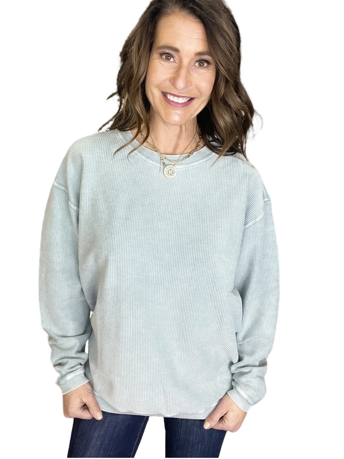 Snow Washed Essential Corded Crew Sweatshirt in Dusty Blue