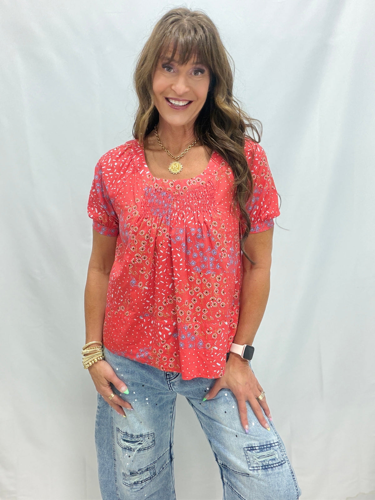 Printed Cotton-Lawn Woven Top In Red