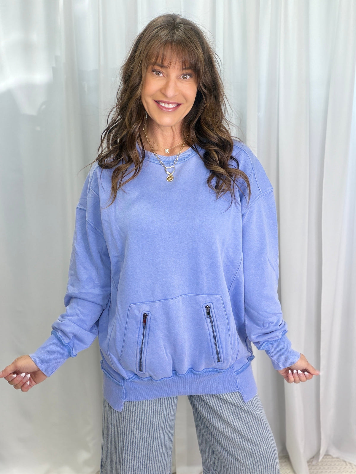 Washed Zipper Pocket Crewneck In 2 Colors
