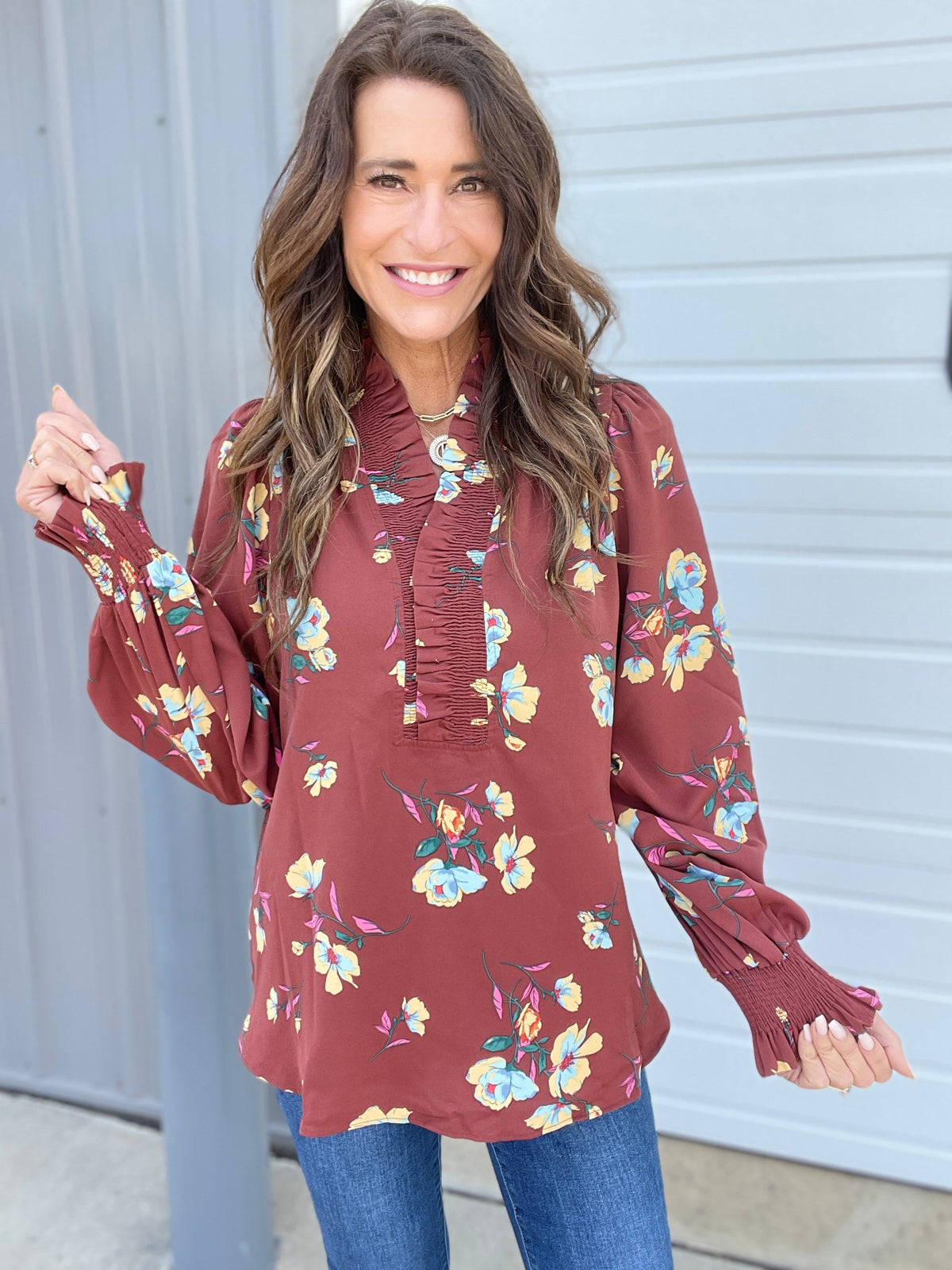 Beautiful Bliss Printed Woven Blouse In 2 Colors: Rose, Expresso *Final Sale*