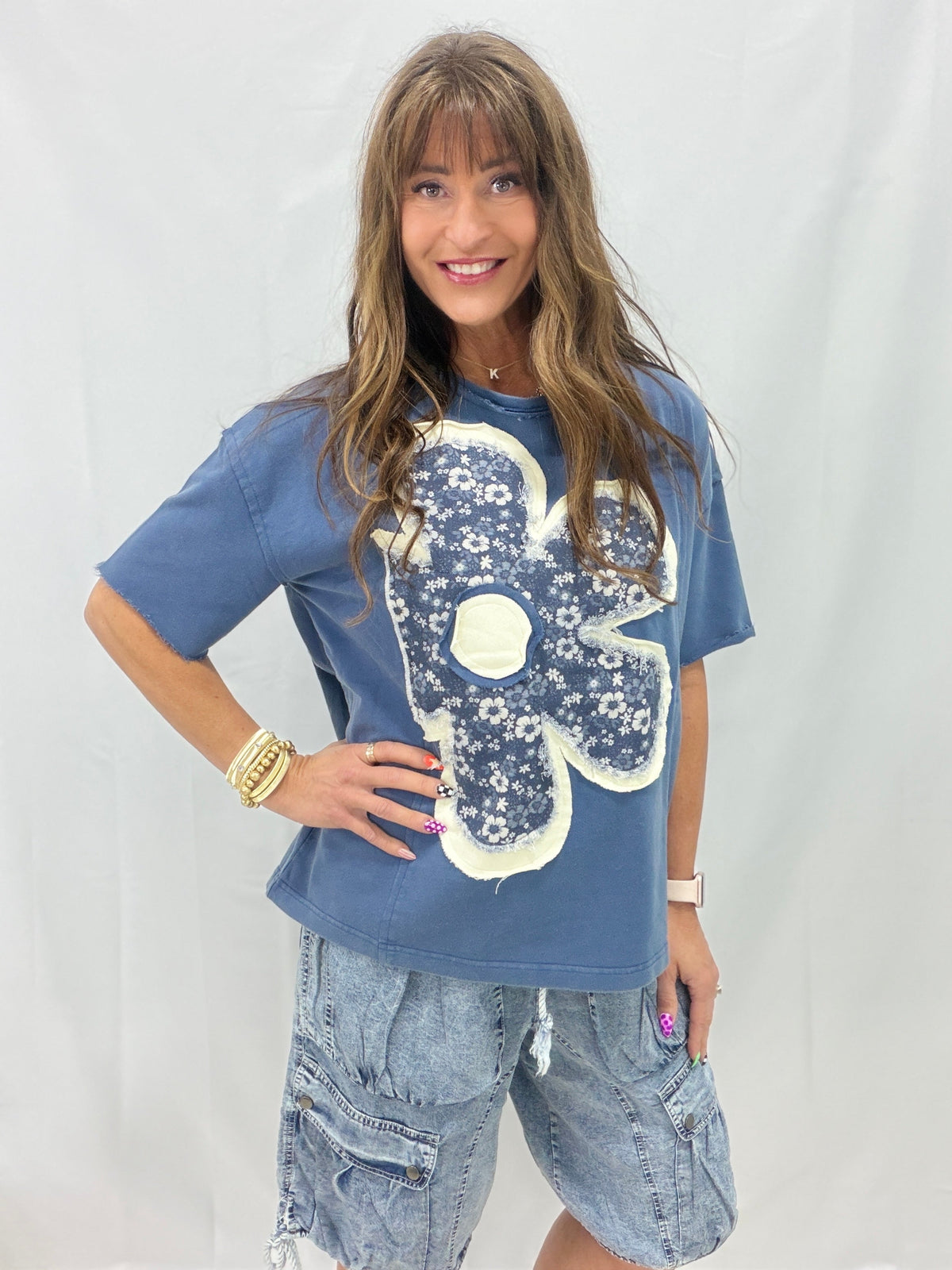 Down For The Chase Floral Patch Top In Denim