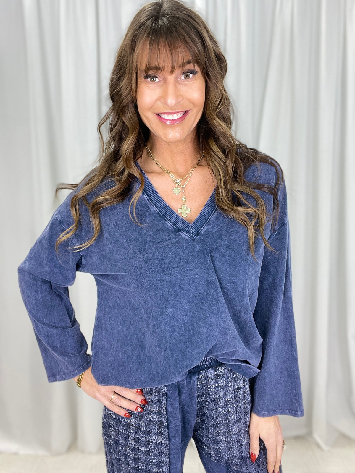 Down The Line V-Neck Long Sleeve Top In 11 Colors