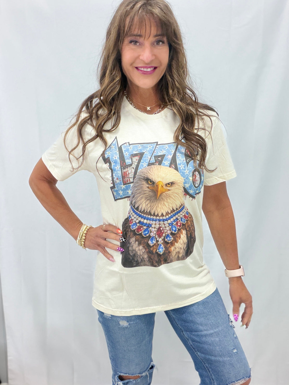 1776 Eagle Crystal Bling Graphic Tee In Cream *Final Sale*