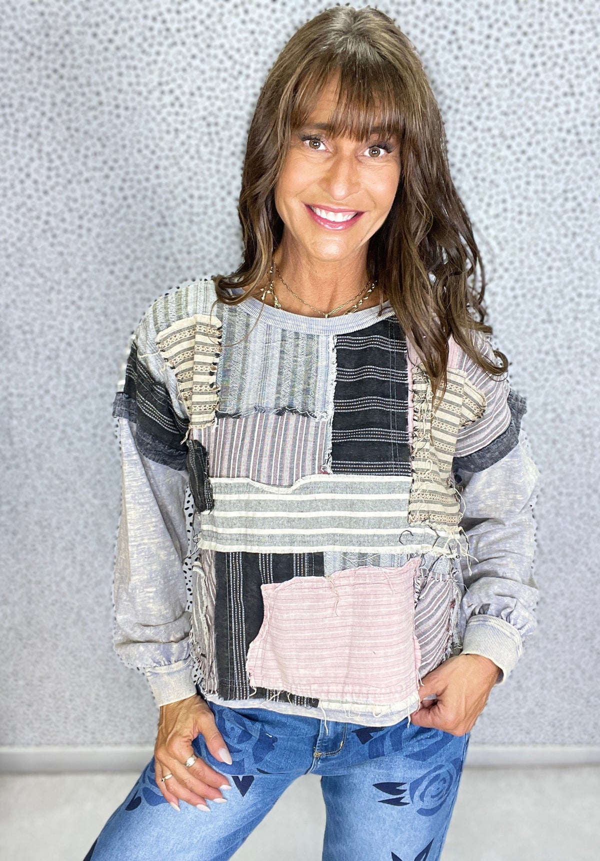 Oli & Hali What You Though Patchwork Long Sleeve Top In Dolphin *Final Sale*