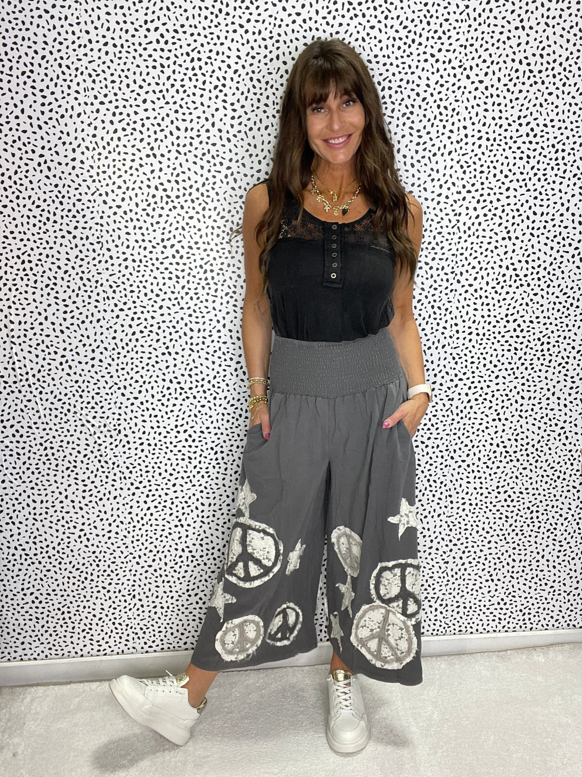 Oli & Hali Infinite Peace Washed Smocked Patchwork Pants In 2 Colors *Final Sale*