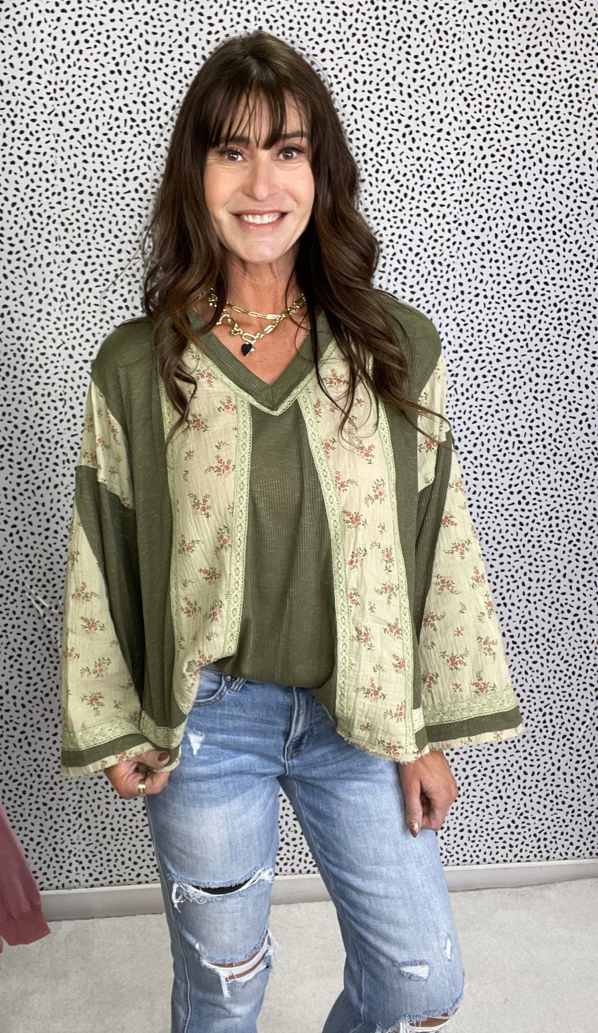 POL Bloom Bound Straight Long Sleeve V-Neck Top In Olive *Final Sale*