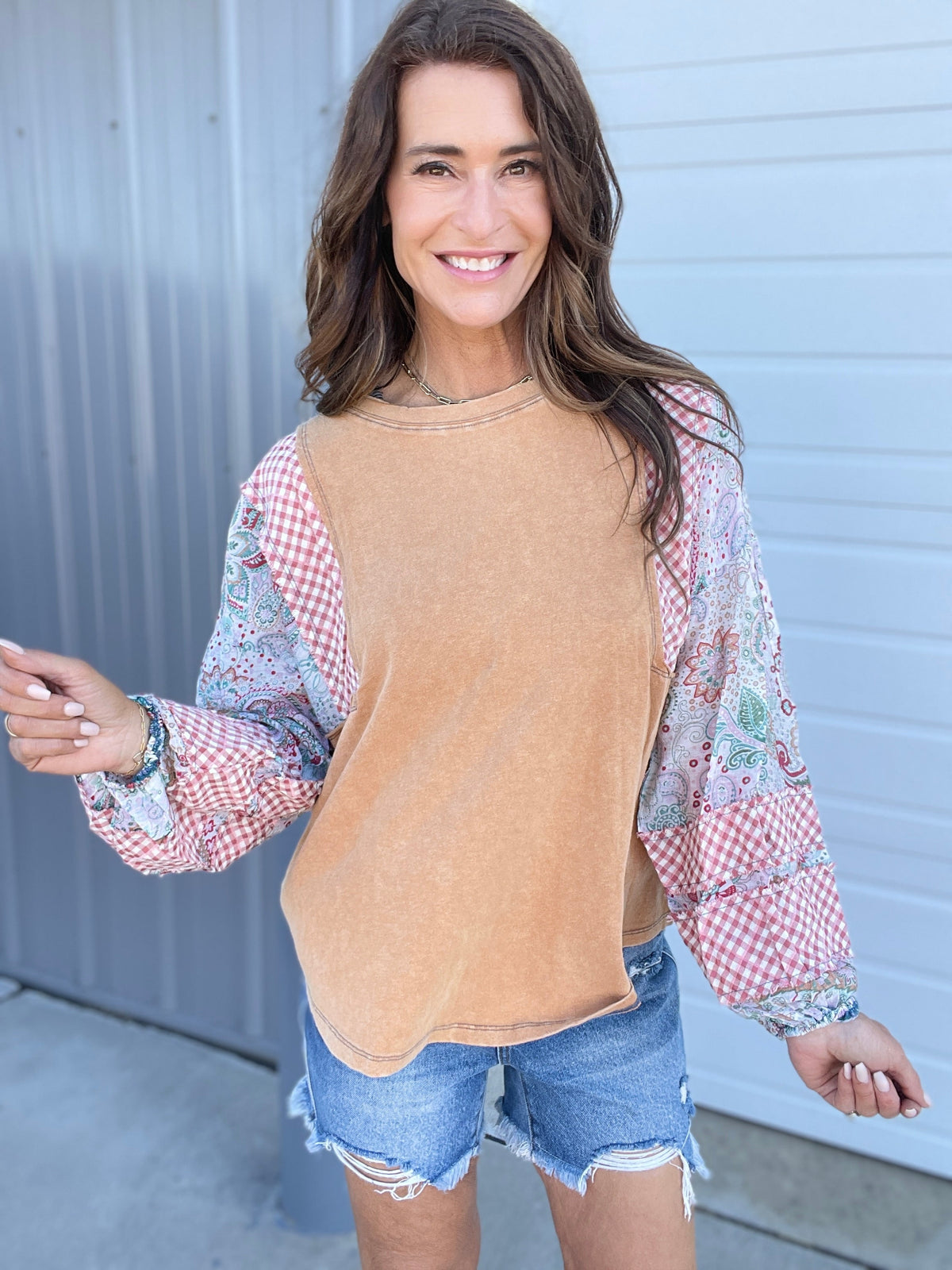 Show Me Around Mix Print Top In 5 Colors: Grey, Khaki, Camel, Olive, Mushroom *Final Sale*
