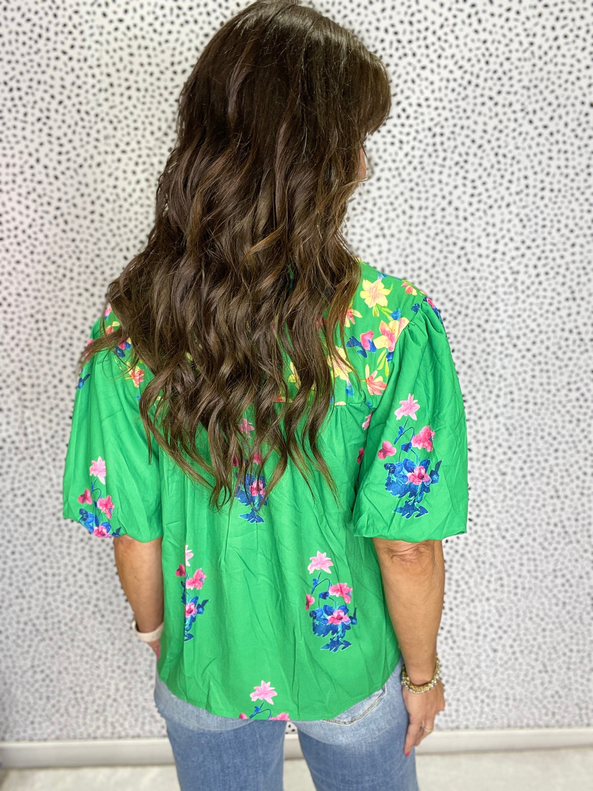 Gracie P Green Floral Detail Tie Split Neck Short Sleeve Blouse *Final Sale*