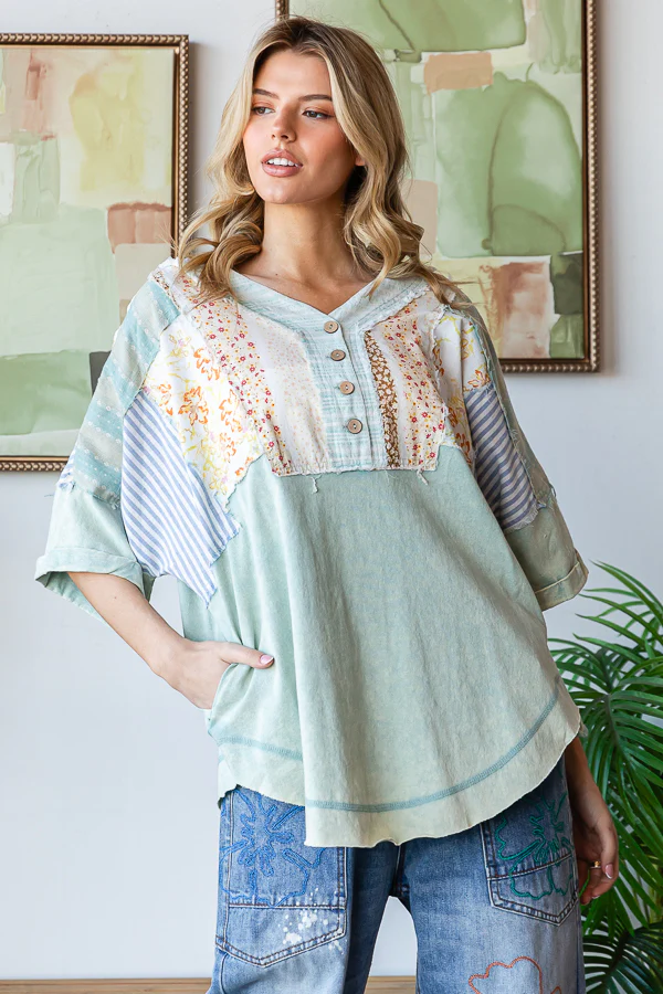 Oli & Hali Surprise For You Washed Half Placket Henley Neck Top *Final Sale*