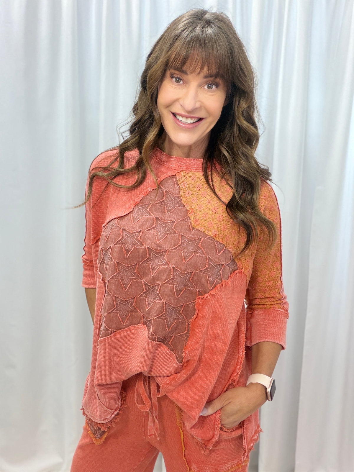 Star Patchwork Quarter Sleeve Top In 3 Colors