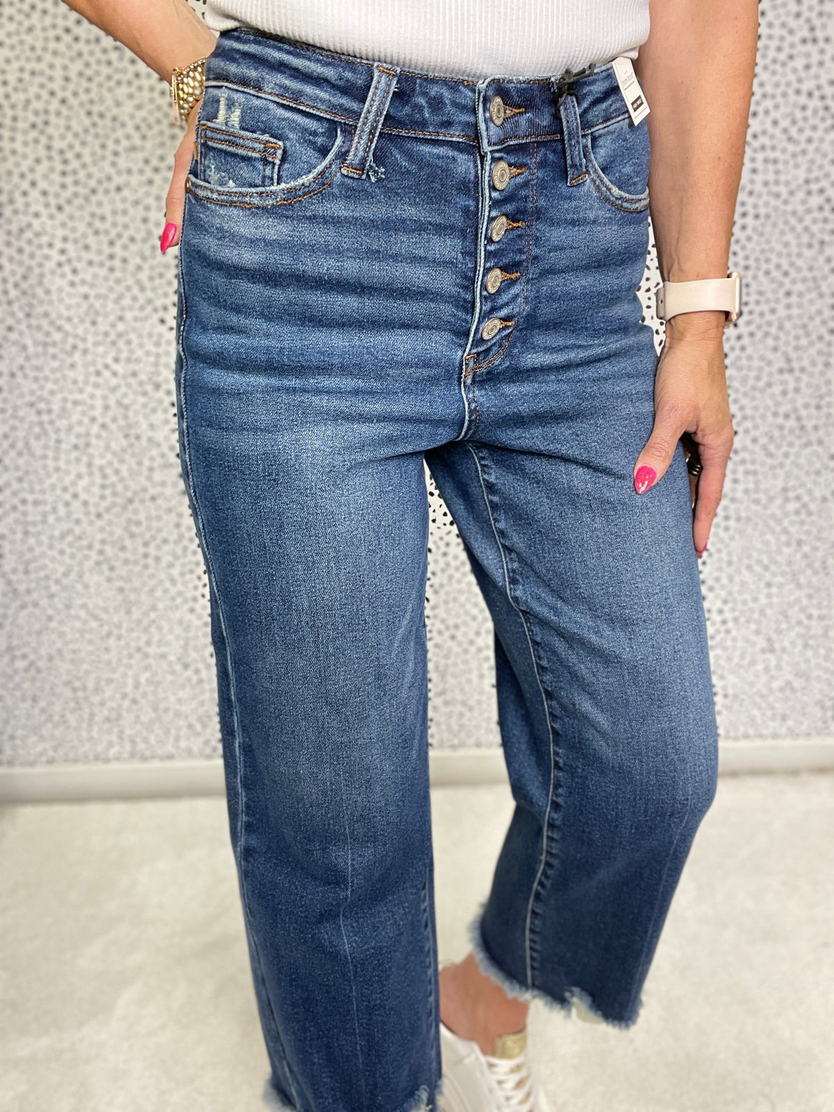 Judy Blue Hannah High Rise Button Fly Destroy Hem Crop Wide Jeans 887 In Medium