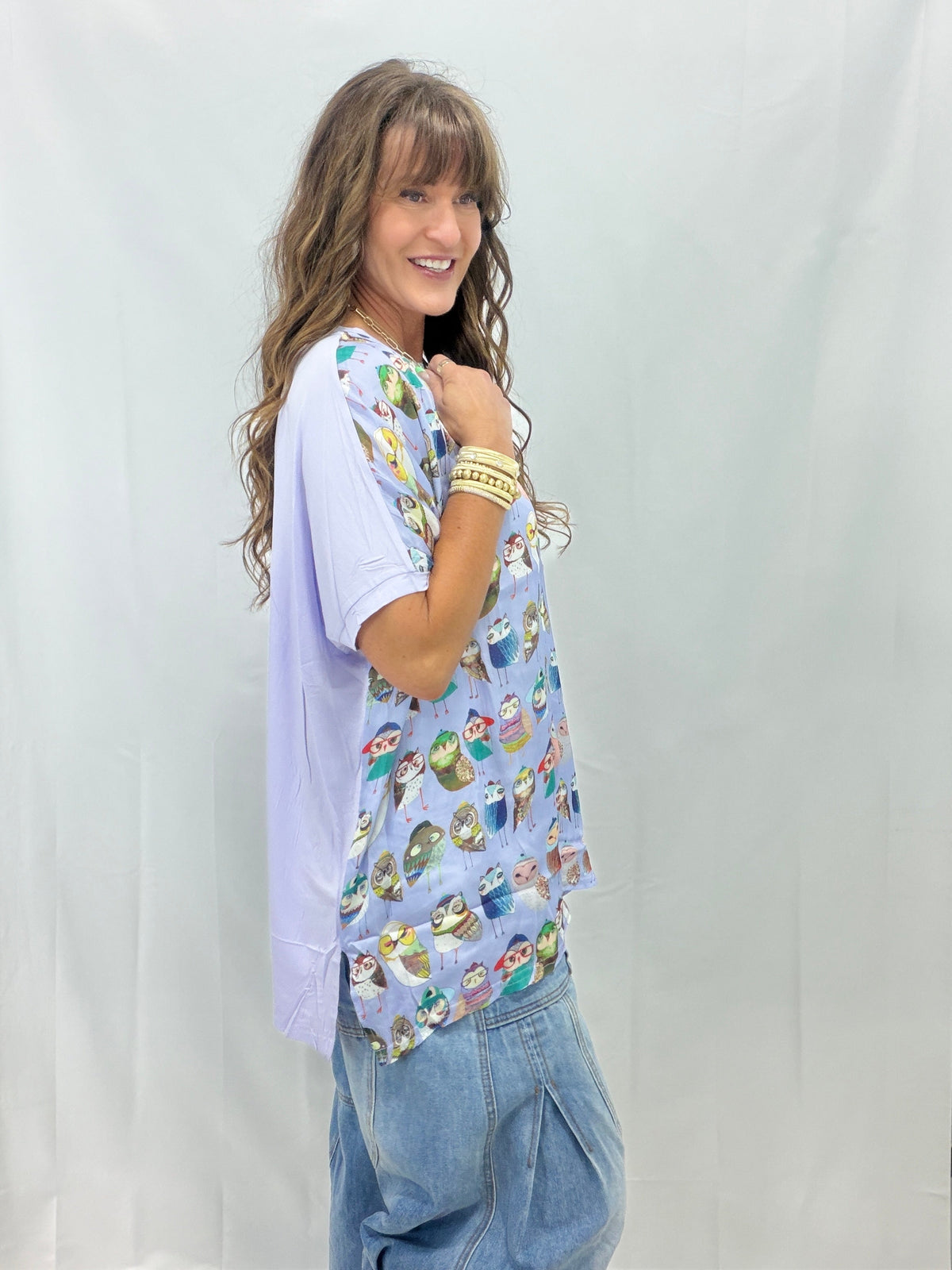 Golden Hour Glow Owl Print Loose Fit Top In Peri Blue