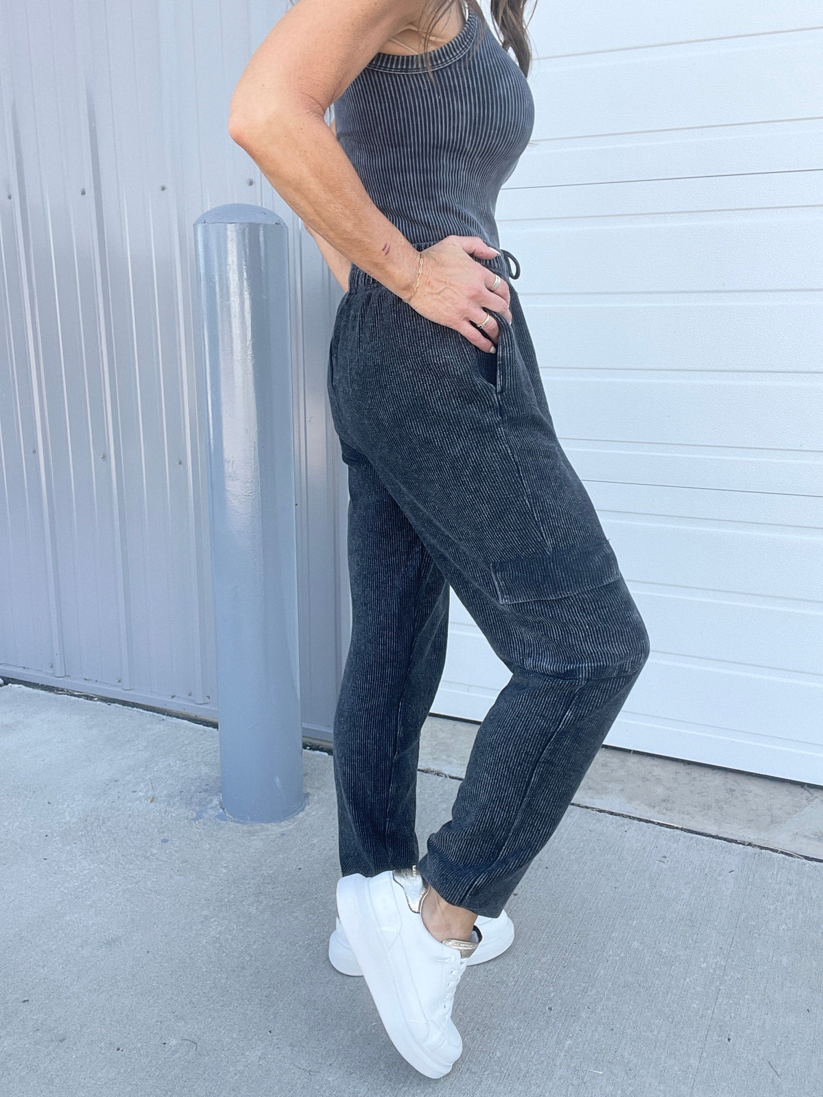 Corded Snow Washed Relaxed Jogger In 3 Colors: Black, Light Mocha, Light Purple