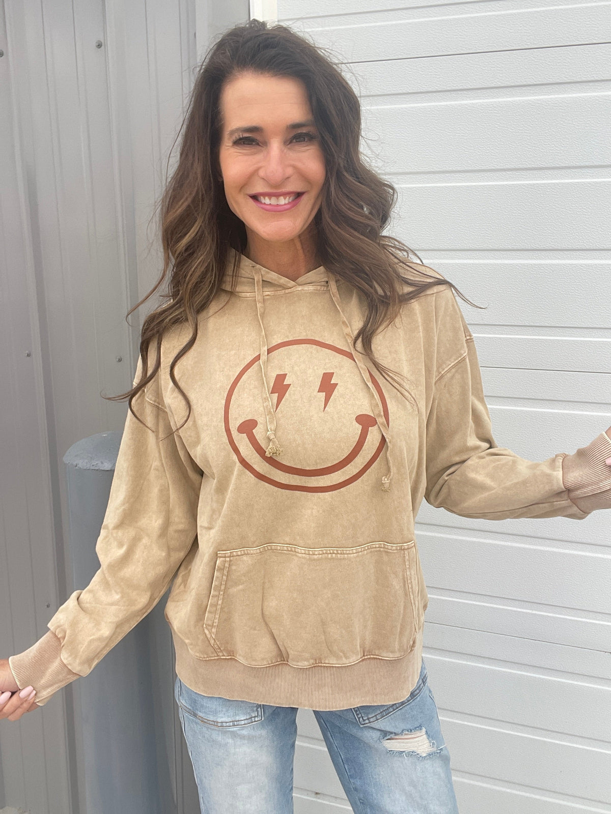 Happy All Around Mineral Washed Hoodie In 4 Colors: Camel, Coral, Smoke, Blue *Final Sale*