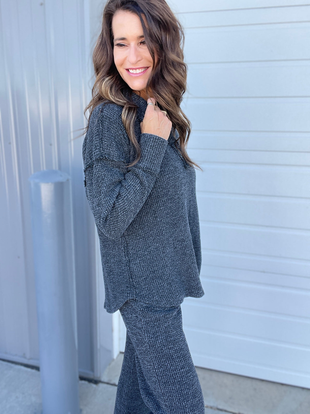 On To The Weekend Cotton Waffle Knit Top In 3 Colors: Black, Brown, Blue