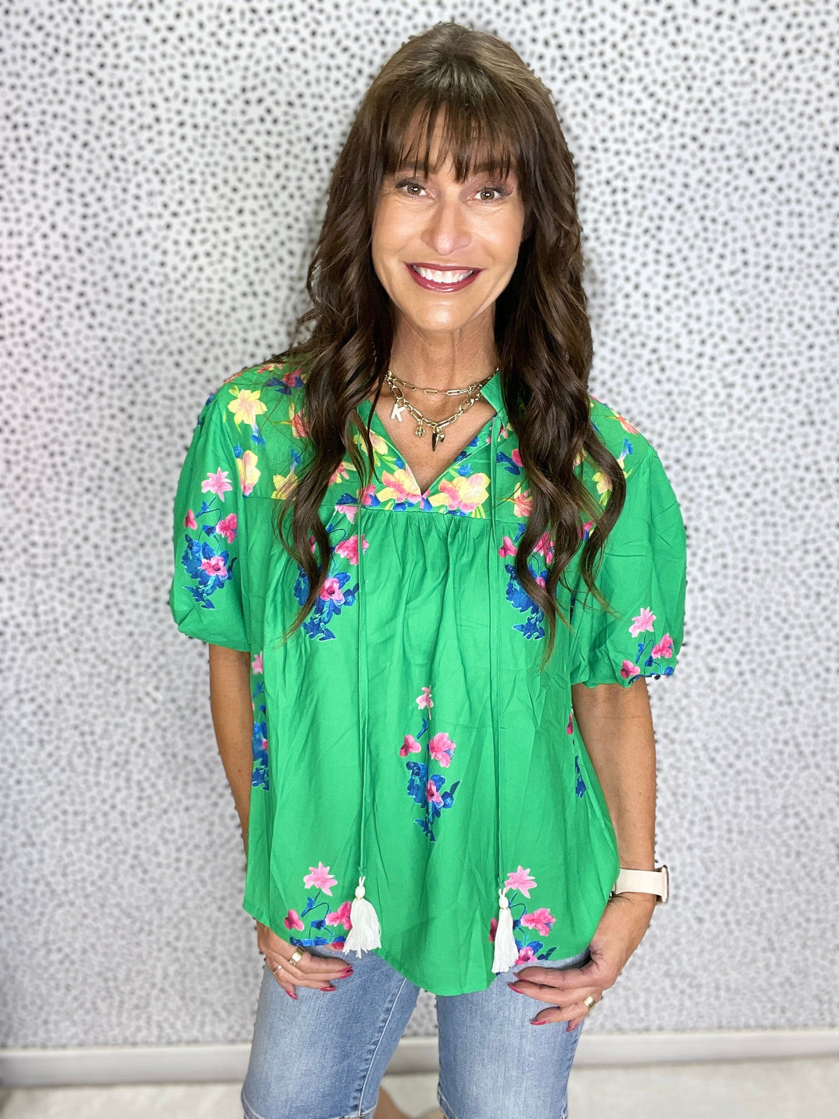 Gracie P Green Floral Detail Tie Split Neck Short Sleeve Blouse *Final Sale*