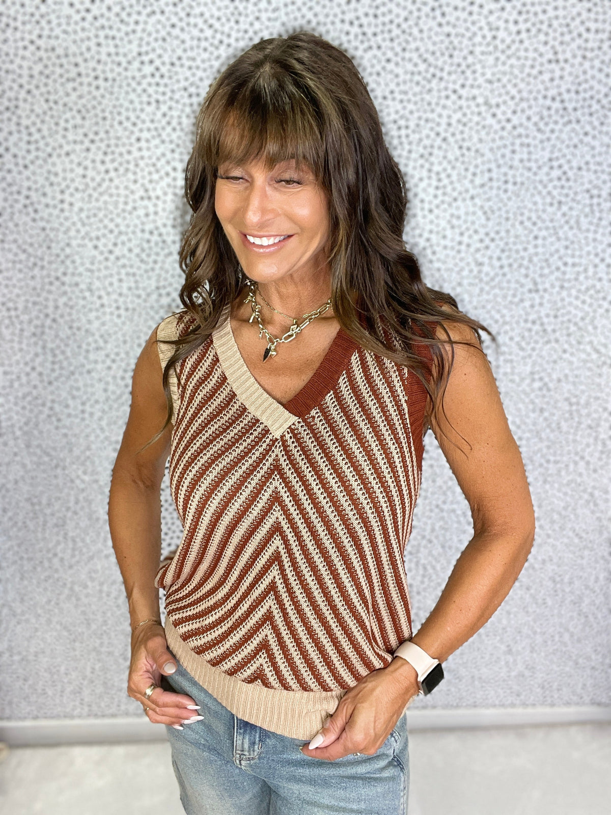 Gracie P Contrast Chevron Knit V Neck Sweater Vest in 2 Colors