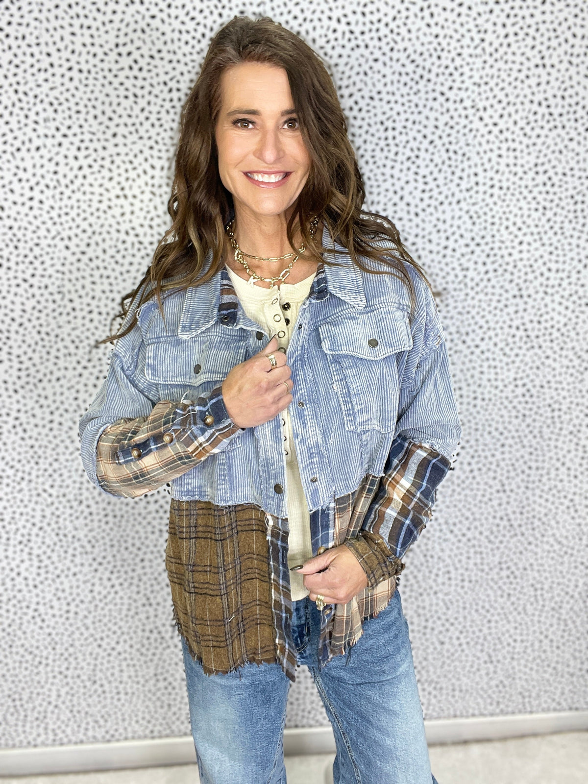 Oli & Hali Be Wild Washed Denim Plaid Color Block Jacket In 2 Colors