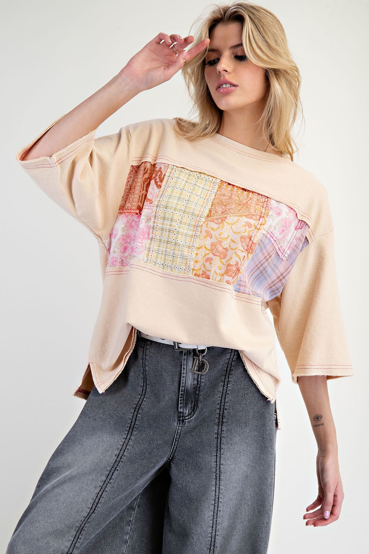 With Ease Print Mix Rib Knit Top In Sand