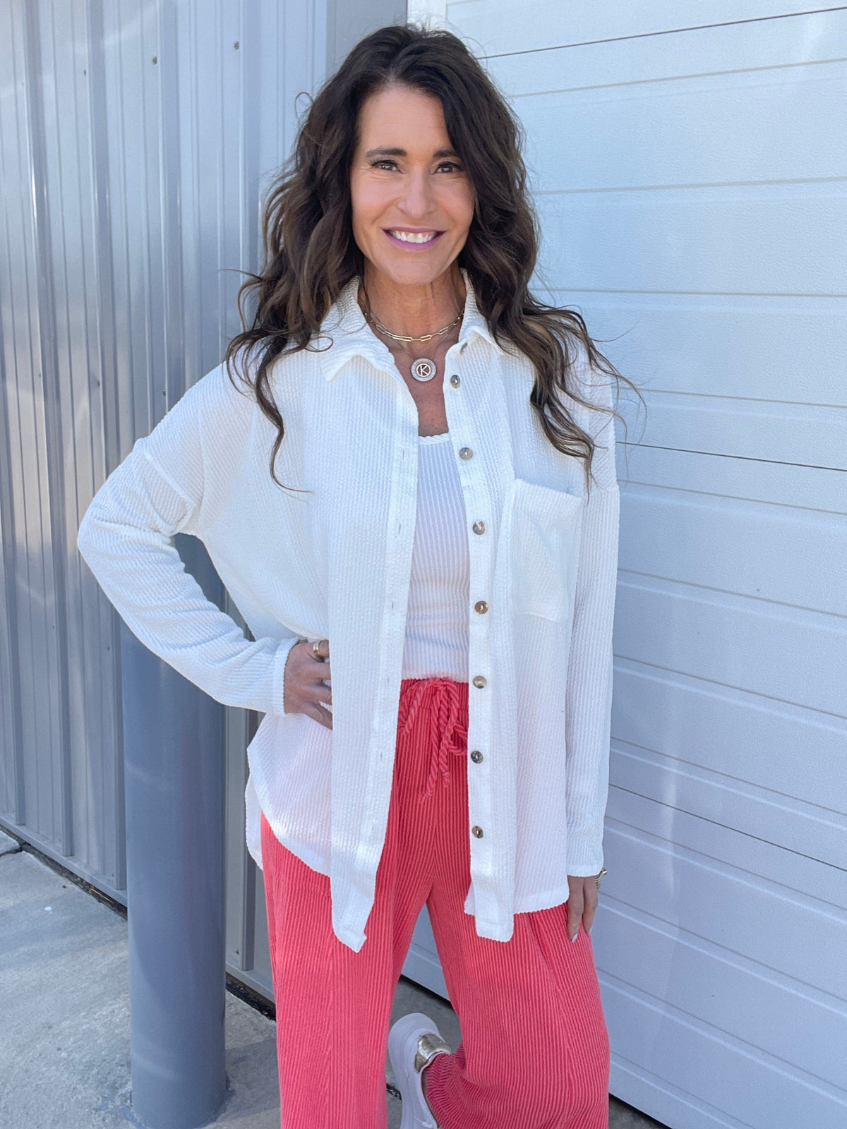 Blossom And Blooming Ribbed Button Down Long Sleeve Easy Fit Shirt In 2 Colors *Final Sale*