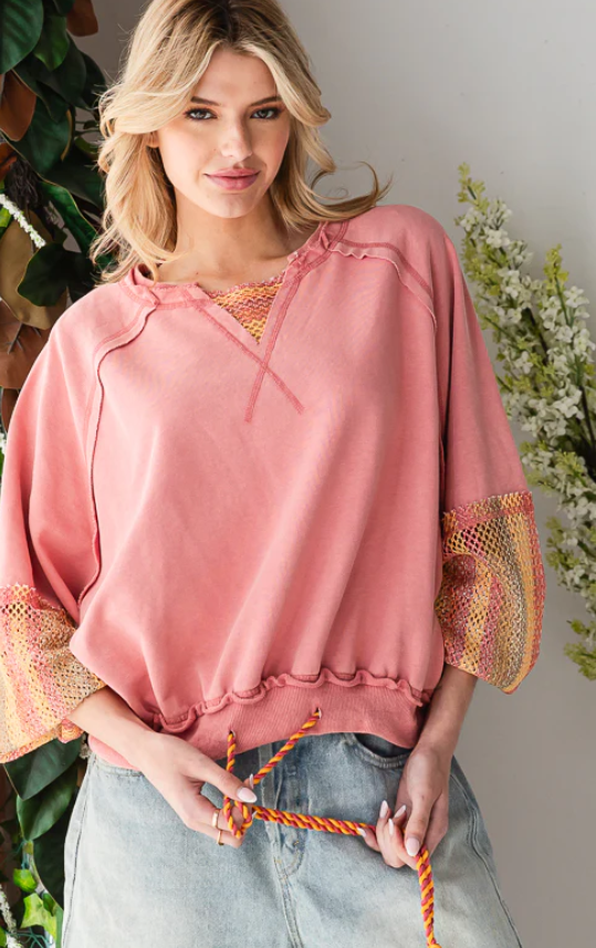 Oli & Hali Sunset Daydream Mesh Sleeved Pullover In Pink