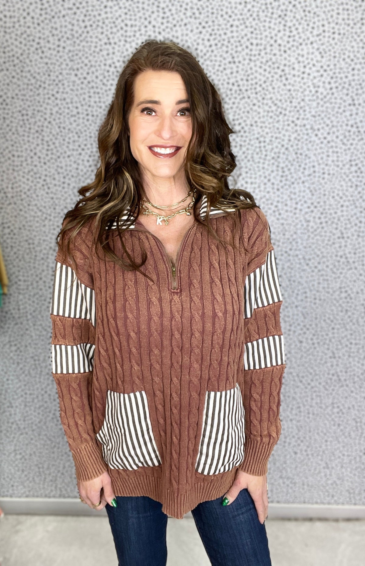 POL MVP Status Roomy Fit Long Sleeve Sweater In Brown *Final Sale*