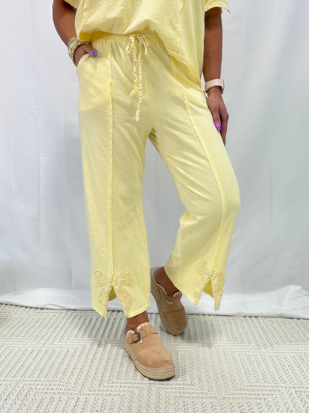 Charmed By Bows Mineral Washed Slit Pants In 6 Colors