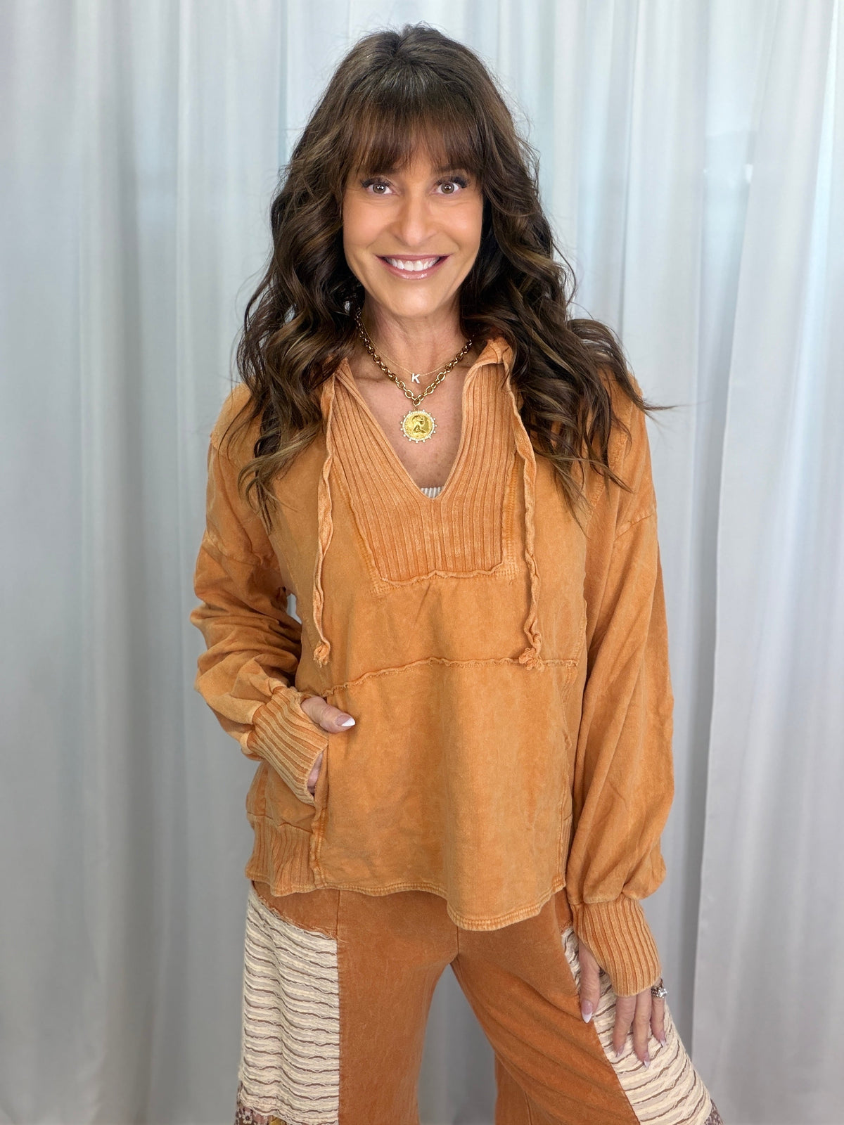 Lucky Lady Ribbed Accent Lightweight Hoodie Top In 3 Colors