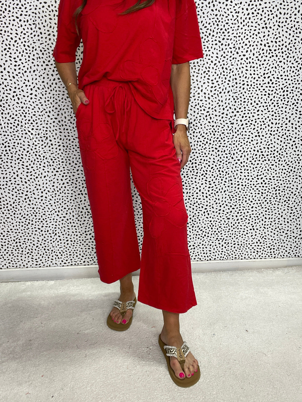 Solid Double Flower Patched Washed Pants In 2 Colors