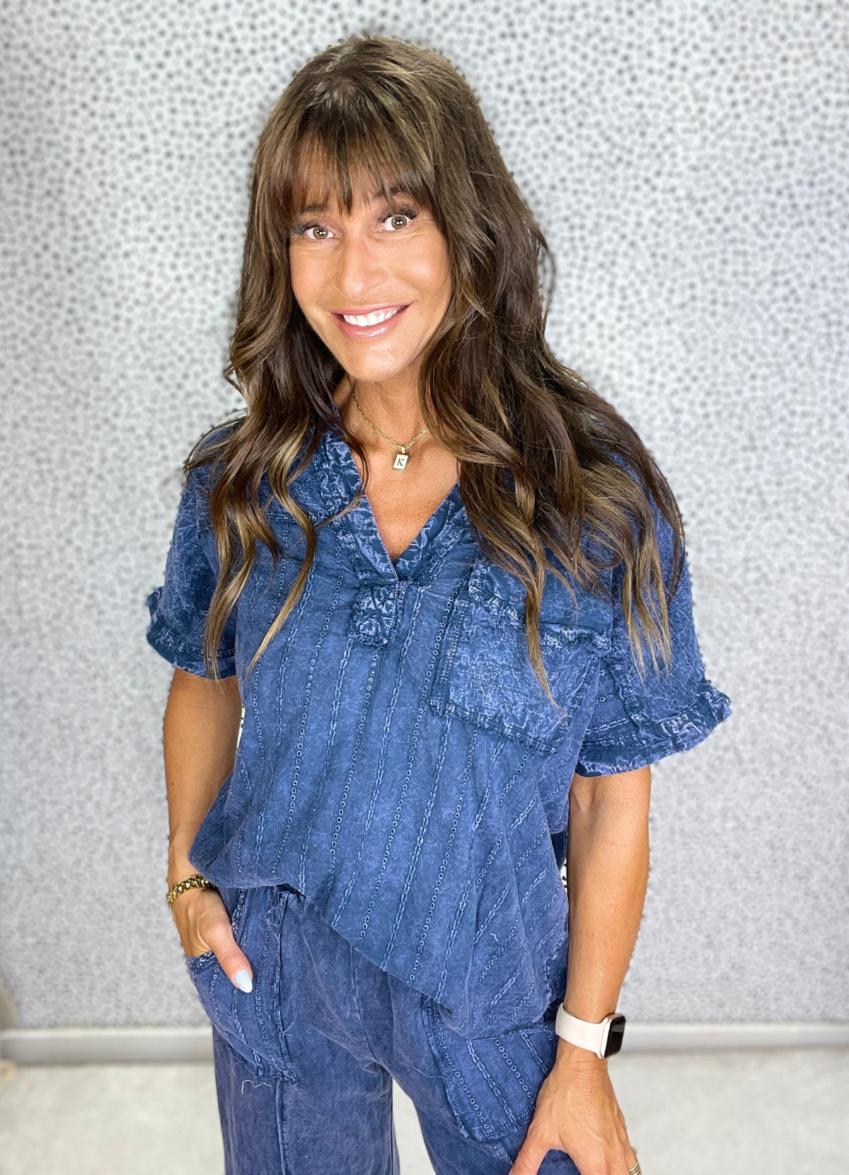 Mineral Washed Floral Eyelet V Neck Top in 2 Colors *Final Sale*