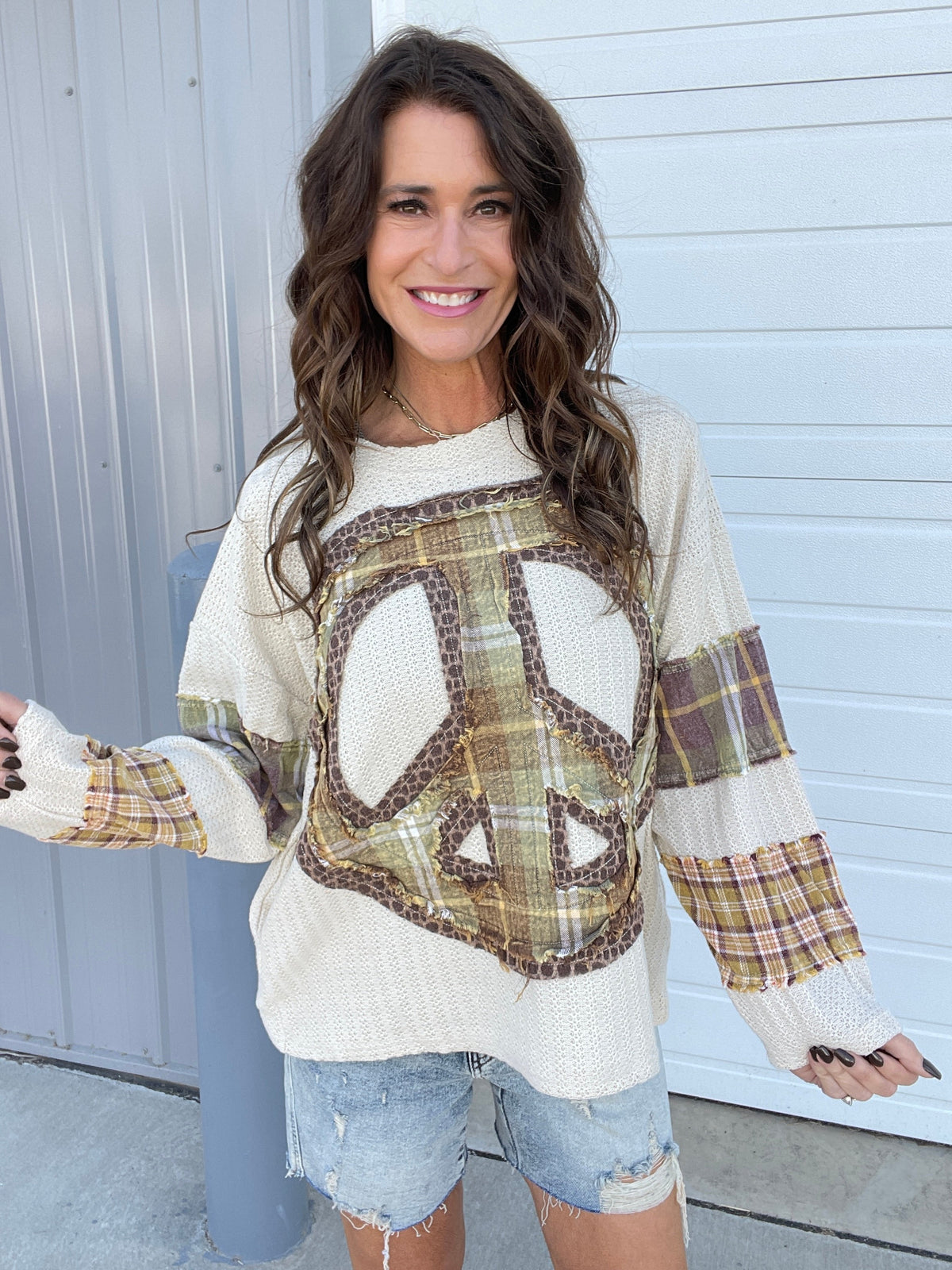 Oli & Hali Nothing But Peace Plaid Mix Long Sleeve Top In 2 Colors: Navy, Creme *Final Sale*